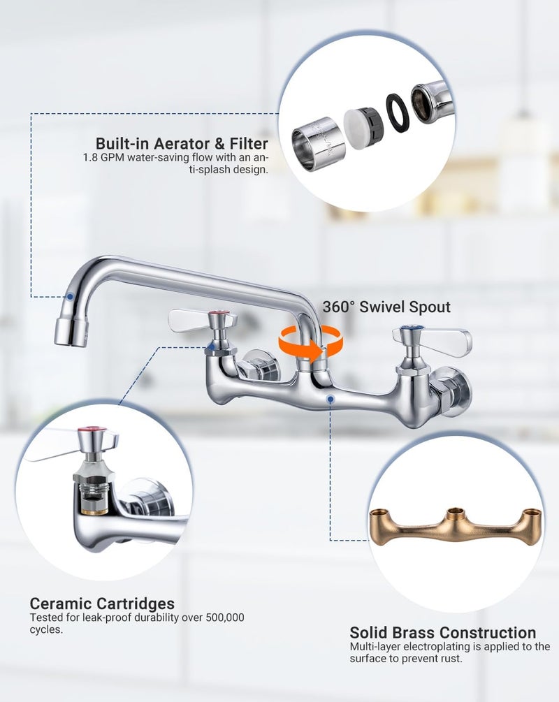 Phivan 8 Inch Center Wall Mount Commercial Sink Faucet - 10" Swivel Spout Dual Handle Chrome Brass Commercial Faucet for Restaurant/Laundry/Utility Room Kitchen Sinks, Includes 90 Degree Adapters - Image 4